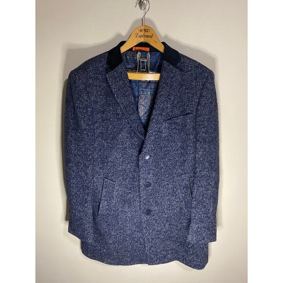 Tallia Mens Herringbone Navy Tweed Overcoat Tall Lined - Picture 1 of 5